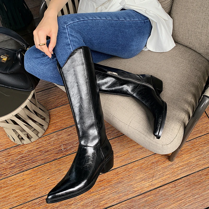 

Women Knee-high Full Leather Boots Casual Solid Color Concise Ladies Boots Pointed Crude Heel Zip Slip-on Botas de mujer