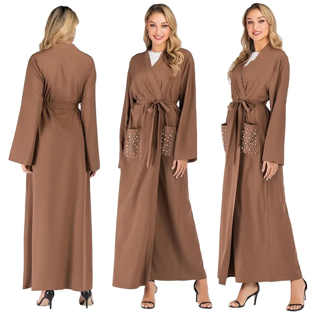 Мусульманские женщины открытый кардиган абайя платье макси jilbaw жемчуг ислам