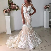 sexy sheer tulle lace appliques mermaid wedding dresses backless trumpet slim short sleeves bridal gowns vestidos de mariage