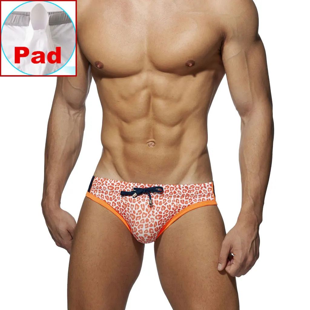 Men's Sexy Pad Leopard Swim Briefs Swimming Trunks Shorts Printed Quick Dry Pouch Swimsuit Swimwear Surf Boxer with Drawstring