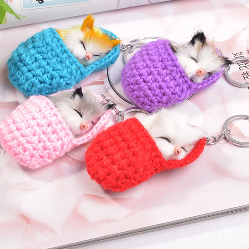 

Cute Sleeping Cat Pompom Keychains Women Girls Handmade Woven Slipper Faux Fur Kitten Key Rings Fluffy Bag Car Pendants Gift