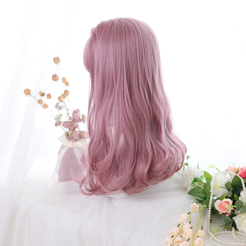 

LM wig female synthetic long Wavy hair fashion air bangs pink purple daily lolita anime party heat-resistant wigs