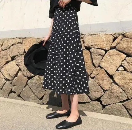 2020 летняя Длинная женская юбка в Корейском стиле винтажная узкая горошек с