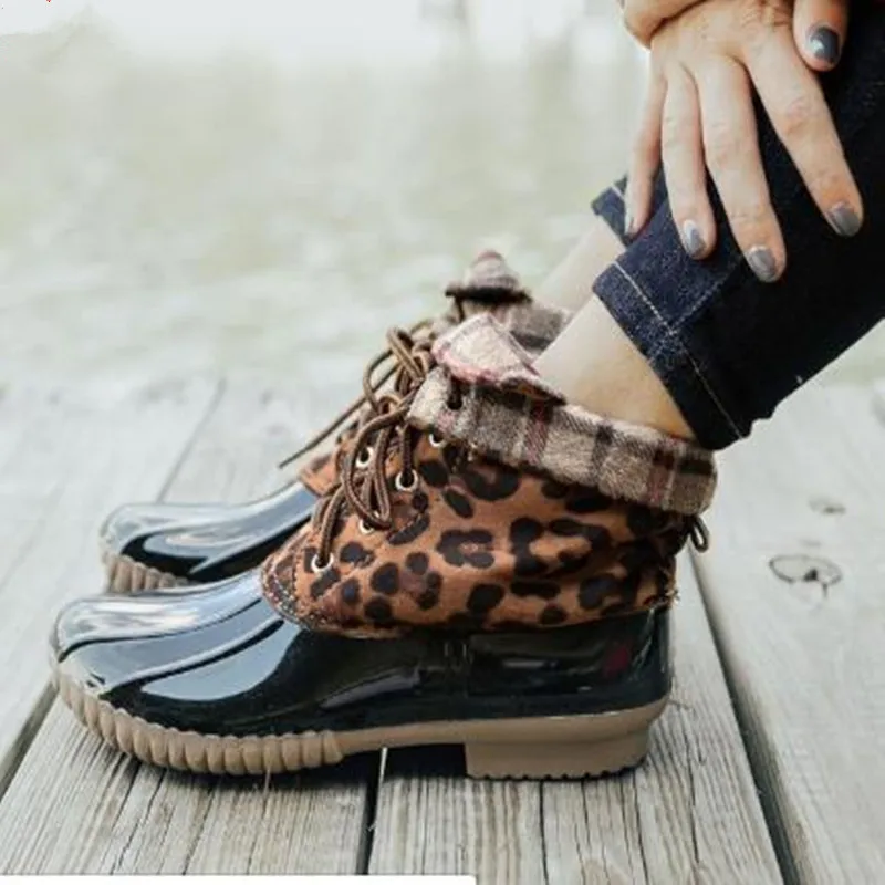 Женские ботинки на шнуровке водонепроницаемые ботильоны с леопардовым принтом