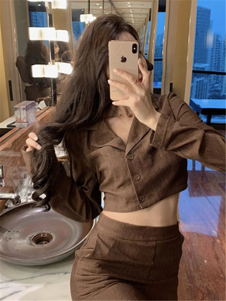

Spring Autumn New Two-Piece Women Single-Breasted Long-Sleeved Short Top+Elastic Waist Trousers Solid Color Fashion Suit Female
