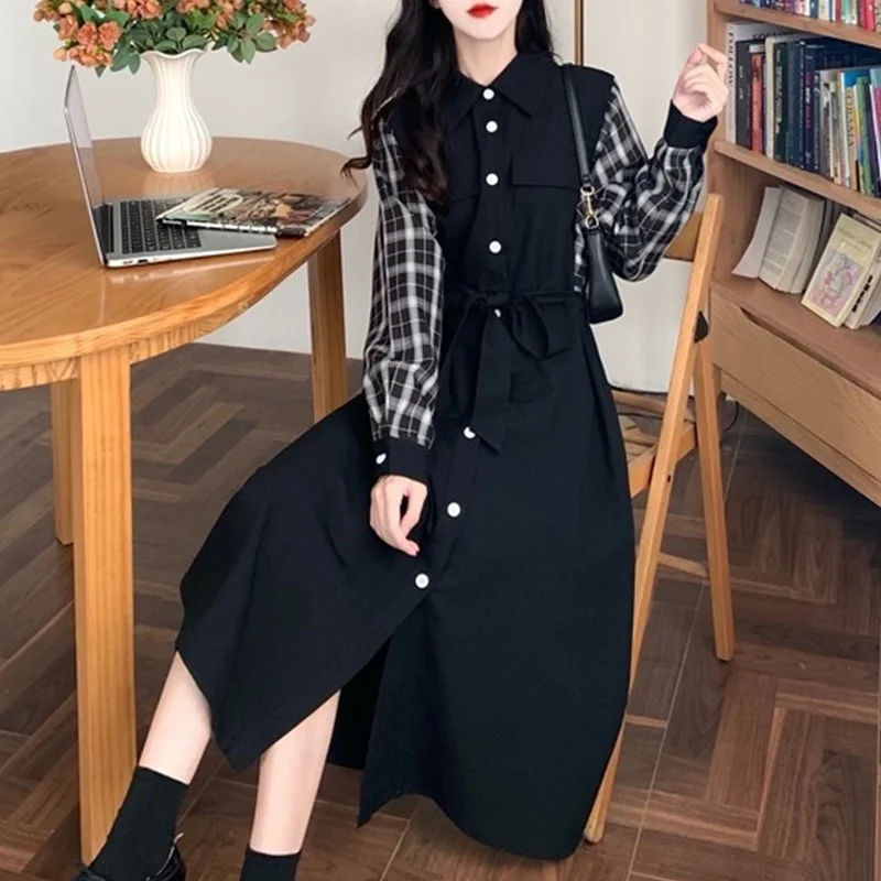 

Women's Plaid Stitching Black Shirt Dress for Plump Girls Autumn and Winter Plus Size Women's Clothes Waist-controlled Lace-up