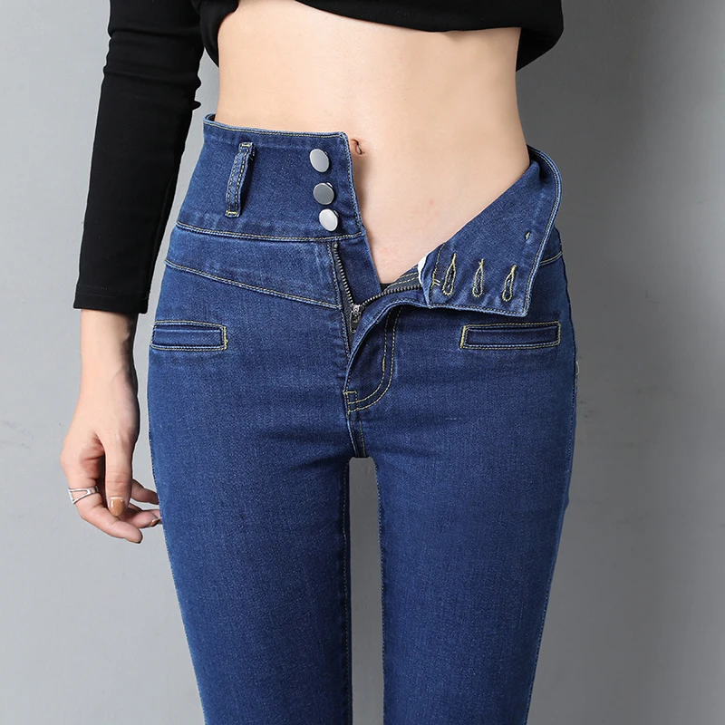 

New High Waist Three Buttons Jeans Women Skinny Fashion Korean Denim Pencil Pants Stretch Slim All-match Casual Denim Trousers