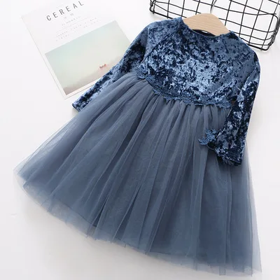 blue Платье для девочек; Новинка г.; однотонные бархатные стильные кружевные Детские платья с длинными рукавами для девочек; одежда для маленьких девочек - Цвет: blue