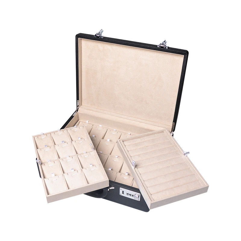 Black PU Leather Jewelry Box Portable Handle With Combination Lock Advanced Storage Jewelry Sales Transportation Protection