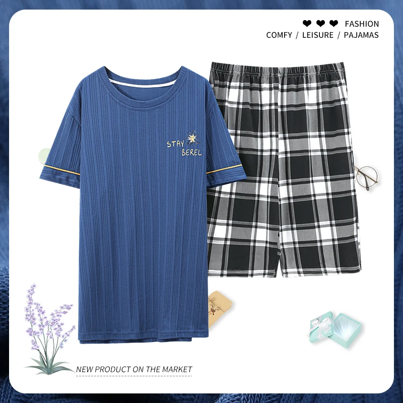 

Пижама Мужская с шортами и коротким рукавом, пижама из чистого хлопка, комплект для сна, домашняя одежда, 3XL, лето 2021