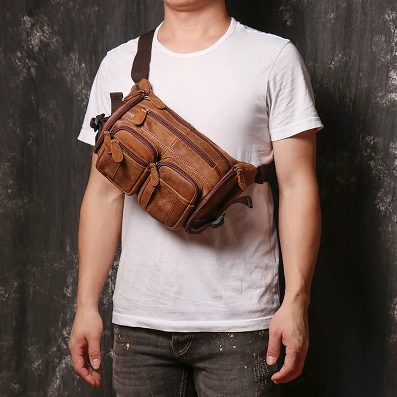 New genuine leather men's chest bag mobile phone bag large-capacity frosted leather waist bag sports shoulder messenger bags