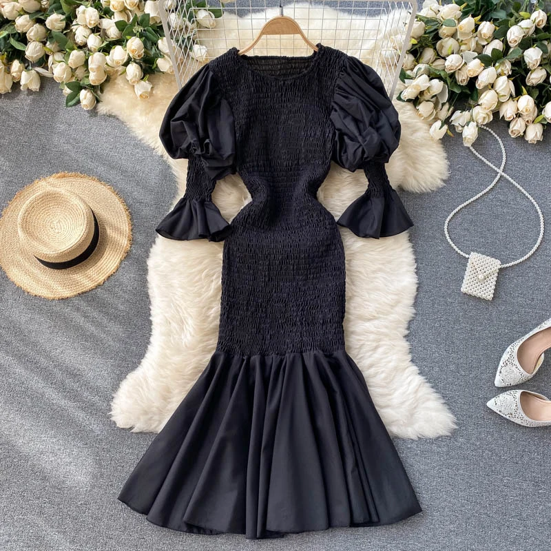 

GALCAUR Slim Solid Long Dress Summer Clothes For Women Round Collar Puff Sleeve High Waist Fold Pleated Midi Dresses Summer 2021