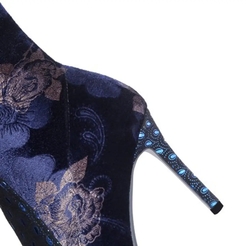 Beste Bloemen Handgemaakte Schapenvacht Wees Teen Over-de-Knie Laarzen Super Hoge Hakken Bloemen Zwart Blauw Schoenen Voor Vrouw Korte 9cm