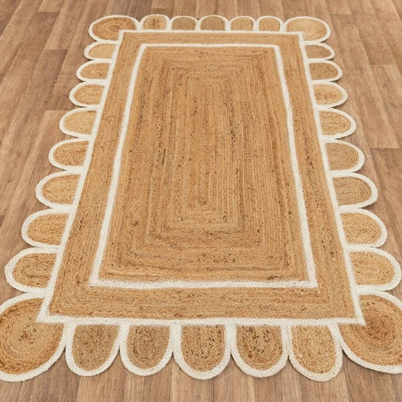 

Jute Rug 100% Natural Hand Braided Floor Rugs Modern Look Scalloped Decor Carpet