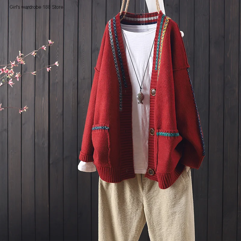 

spring and autumn new products loose and versatile Leisure Arts long sleeve sweater cardigan female embroidery