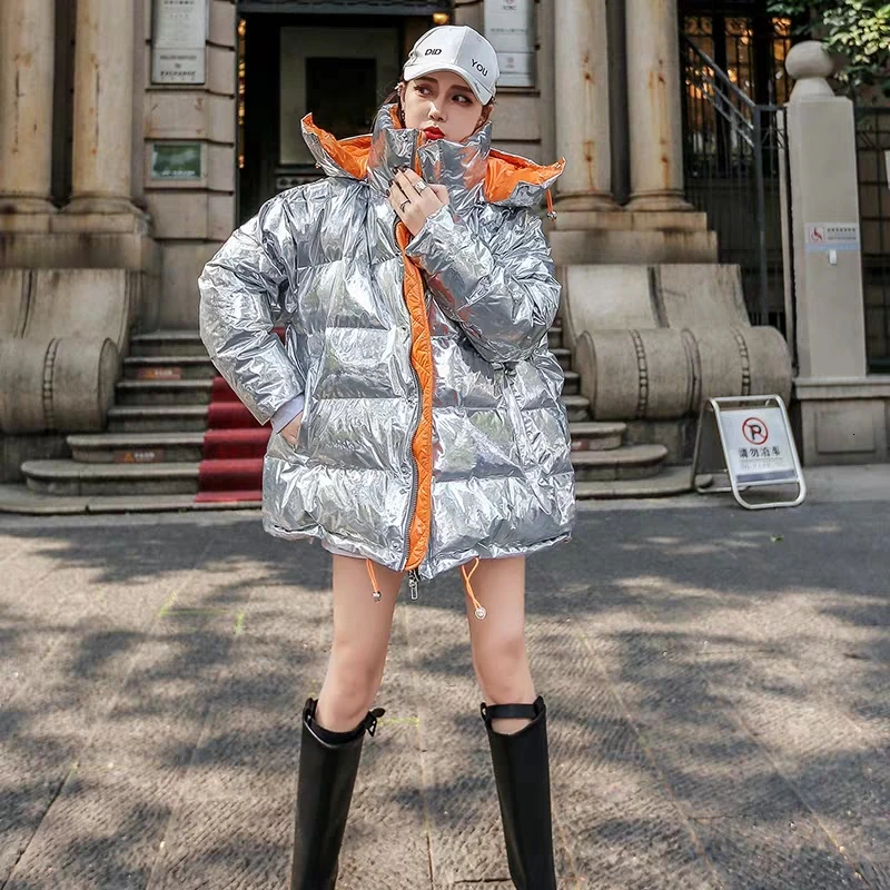 ZURICHOUSE/женская зимняя куртка оверсайз модный металлический серебристый пуховик с