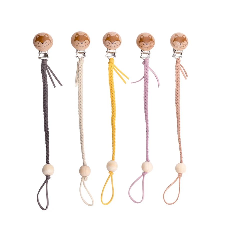 Wooden Teether Braided Pacifier Chains Wood Beads Engraved Fox Pacifier Clip Dummy Pacifier Clips Chain For Kid Feeding Products