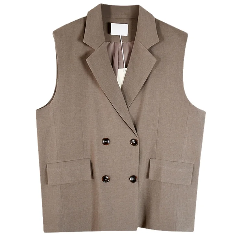 

Loose Fit Khaki Black Linen Brief Big Size Vests Women's Vest New Lapel Sleeveless Fashion Tide Spring Autumn 2021 Coats Jackets