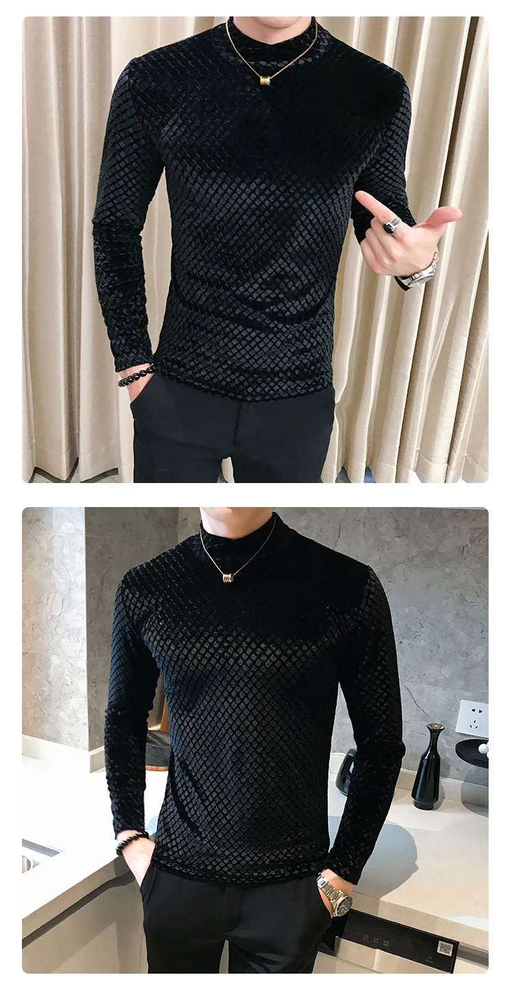 Fashion men plaid sweater long sleeve pullover winter thick warm turtleneck black casual pullover male slim fit knitted sweater