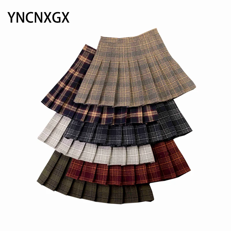 

Women Clothing Autumn and Winter Skirt Skirt High Waist Student Pleated Skirts Thick Woolen Skirt Lattice A-line Skirt