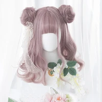 cosplaymix lolita anime cosplay wig 40cm medium wavy ash pink bangs ombre with buns japan cute halloween synthetic free cap