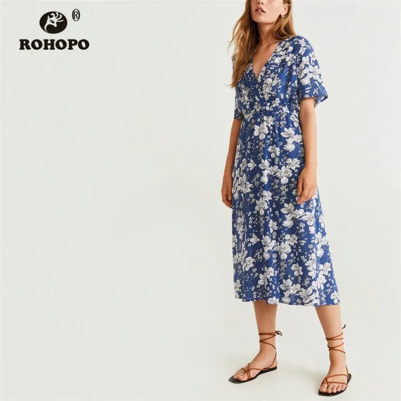 ROHOPO/Белое цветочное синее платье миди с коротким рукавом туника v образным