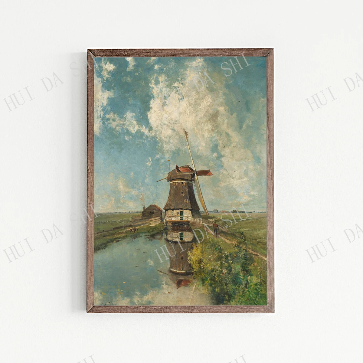 

Vintage Windmill Painting, Landscape Painting, Landscape Prints, Lake Landscape Wall Art Home Decor, Lake House Wall Art