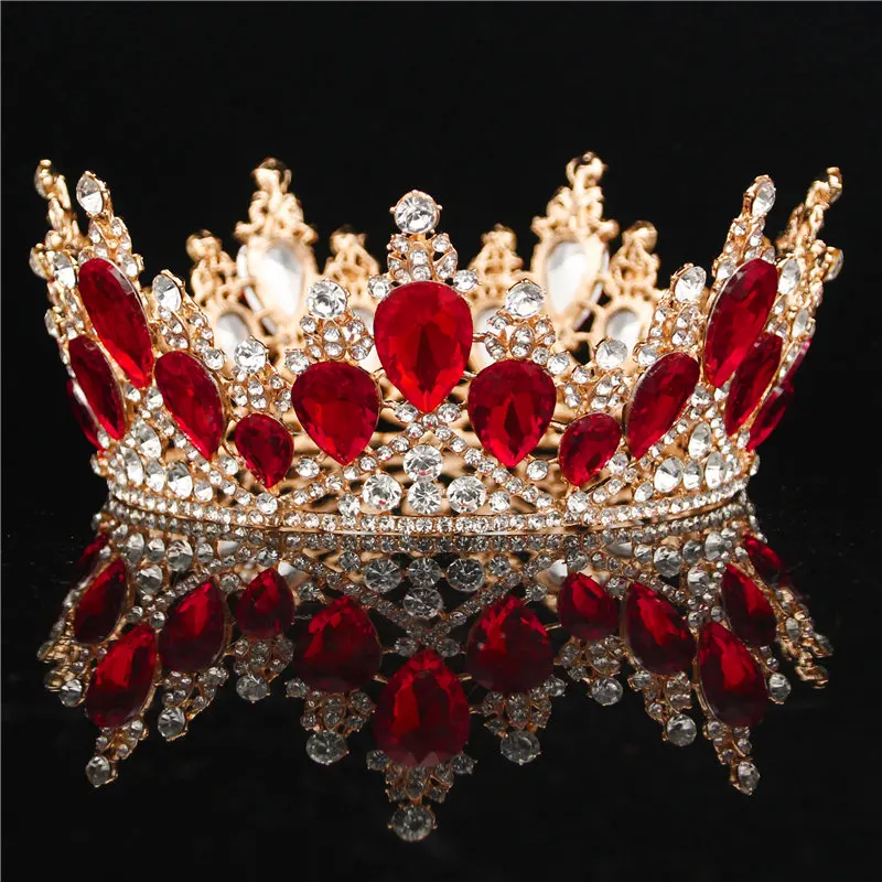 

Baroque Red Crystal Big Round Crown Bridal Queen Tiara Diadem Prom Party Wedding Hair Jewelry Tiaras And Crowns Head Ornaments