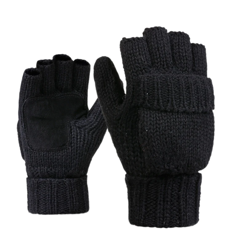 

Unisex Wool Gloves Mittens Winter Warm Knitted Convertible Mittens Flap Cover