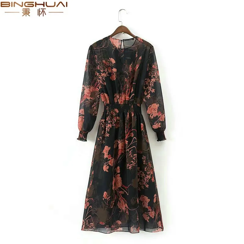 Женское шифоновое платье миди с цветочным принтом и поясом на резинке|Женские