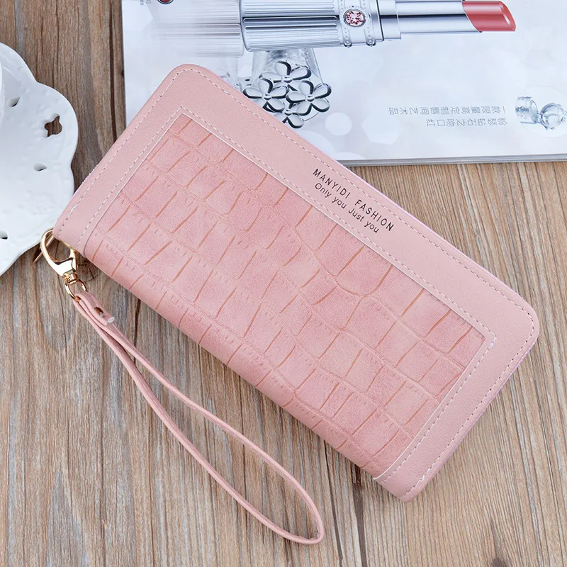 

New Ladies Long Zipper Crocodile Pattern Stitching Hand Holding Large Capacity Soft Leather Mobile Phone Wallet