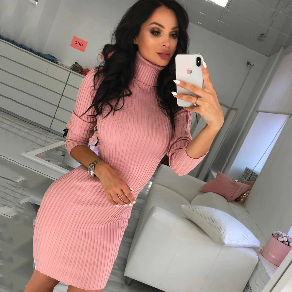 

2022 Autumn Women Sweater Sexy Bodycon Dress Turtleneck Long Sleeve Black Knee Length Dresses Winter Office Short Dress Vestidos