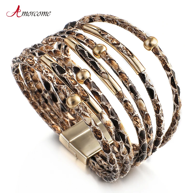 Amorcome Snakeskin Pattern кожаный браслеты из нержавеющей стали для женщин 2020 богемный
