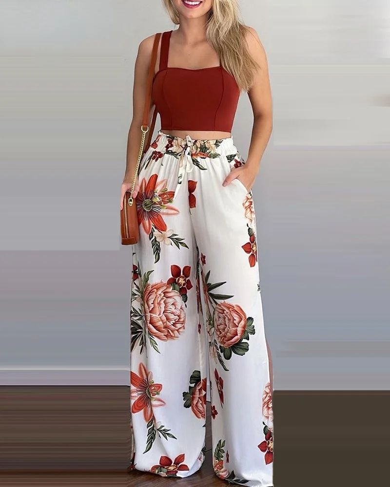 

Frauen Einfarbig Leibchen Top & Floral Print Hohe Taille Kordelzug Breite Bein Hosen Set