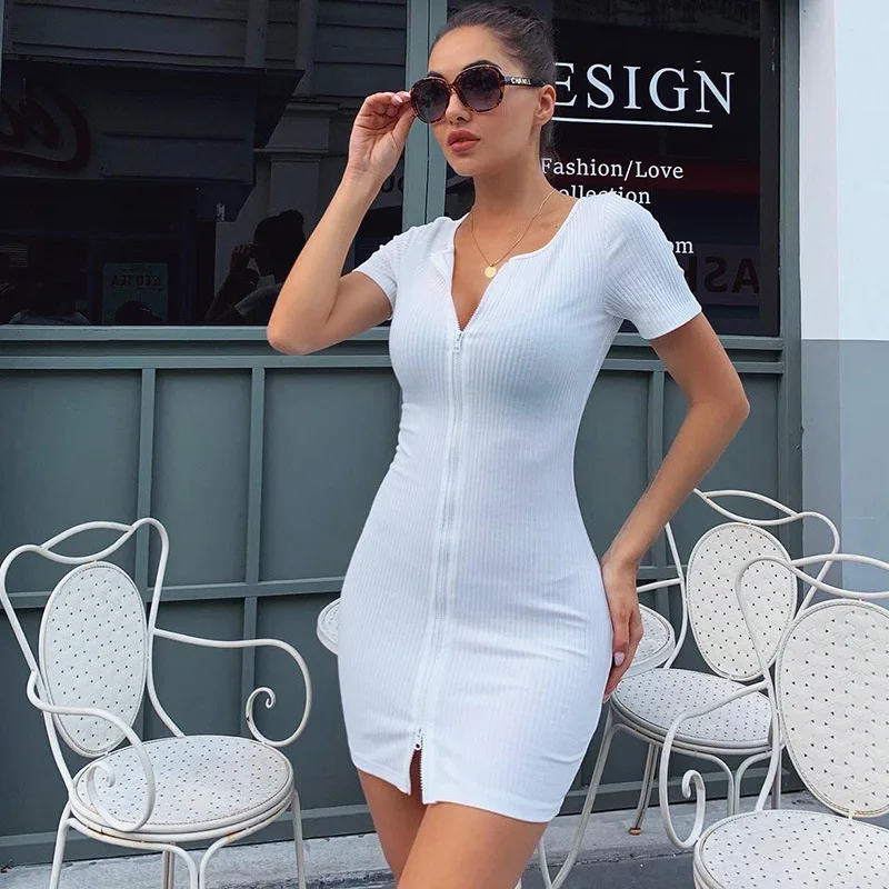 

2021 Sexy Bodycon Women Dress With Zipper Casual Solid Summer Short Sleeve Knitted Slim High Waist Chic Lady Mini Dress Vestidos