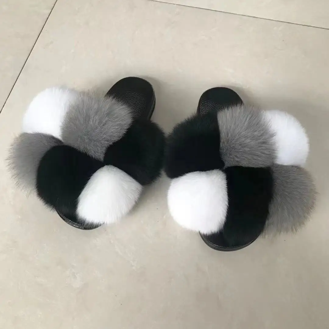 

Y Pom Pom Fur Slippers 2021 Women Fluffy Sliders Furry Sandals Real Rabbit Fur Slippers Fox Fur Slides Multicolor Customize