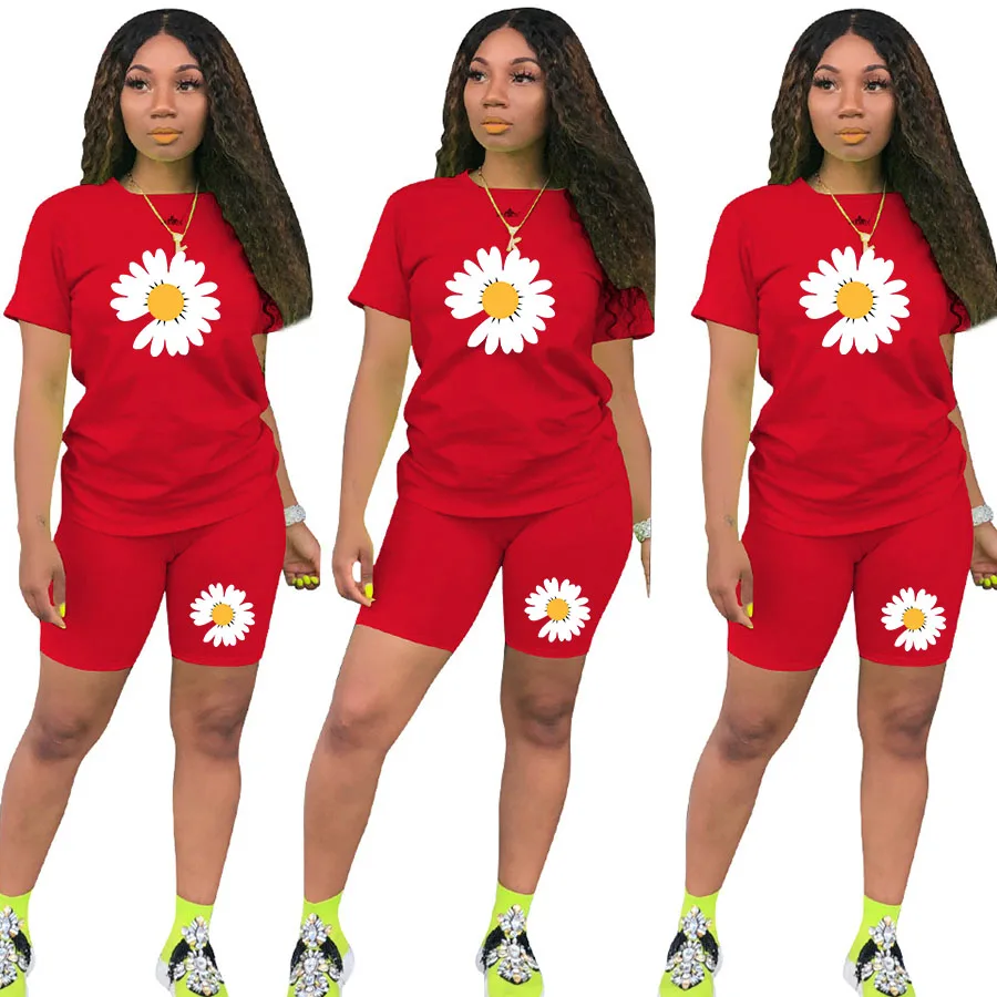 

2021 Summer Sunflower T-shirts Top And Shorts 2 Piece Set Tracksuit Outfit Fashion Casual Woman Joggers Two Piece Suit
