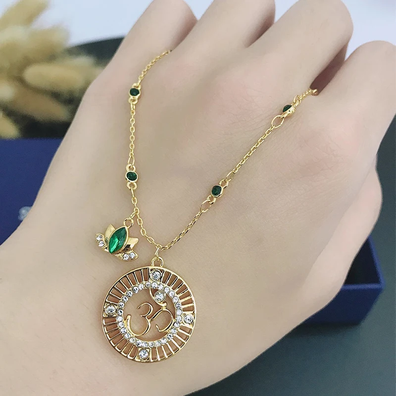 

Fashion Jewelry SWA New SYMBOLIC LOTUS Lady Pendant Necklace Green Om Symbol Crystal Necklace Women Luxury Jewelry Gift