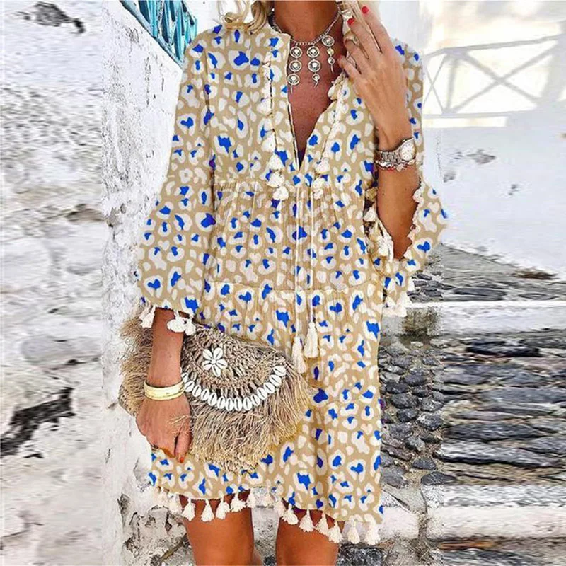 

Vintage Tassel Design Women Party Dress Fashion Deep V Neck 3/4 Sleeve Lady Mini Dress Summer Casual Boho Beach Female Dresses