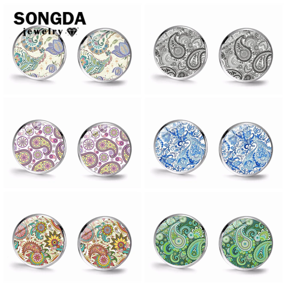 SONGDA Unique Paisley Flowers Earrings Bronze Silver Color Temperamental Printed Glass Art Photo Stud Women Accessories | Украшения и