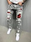 Джинсы мужские рваные в сетку, Стрейчевые брюки-карандаш из денима, с эластичным поясом, в стиле хип-хоп, с принтом, белые, в стиле пэчворк