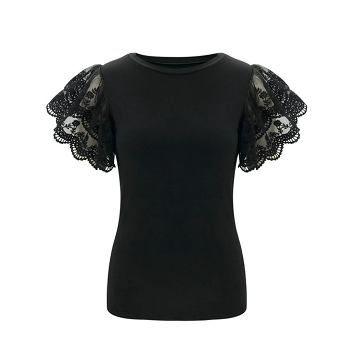 Женский кружевной топ винтажный хлопковый с круглым вырезом и баской на лето |