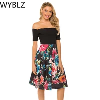 wyblz off the shoulder 2021 fashion short sleeve dress ladies patchwork summer party floral slim waist women casual beach dress
