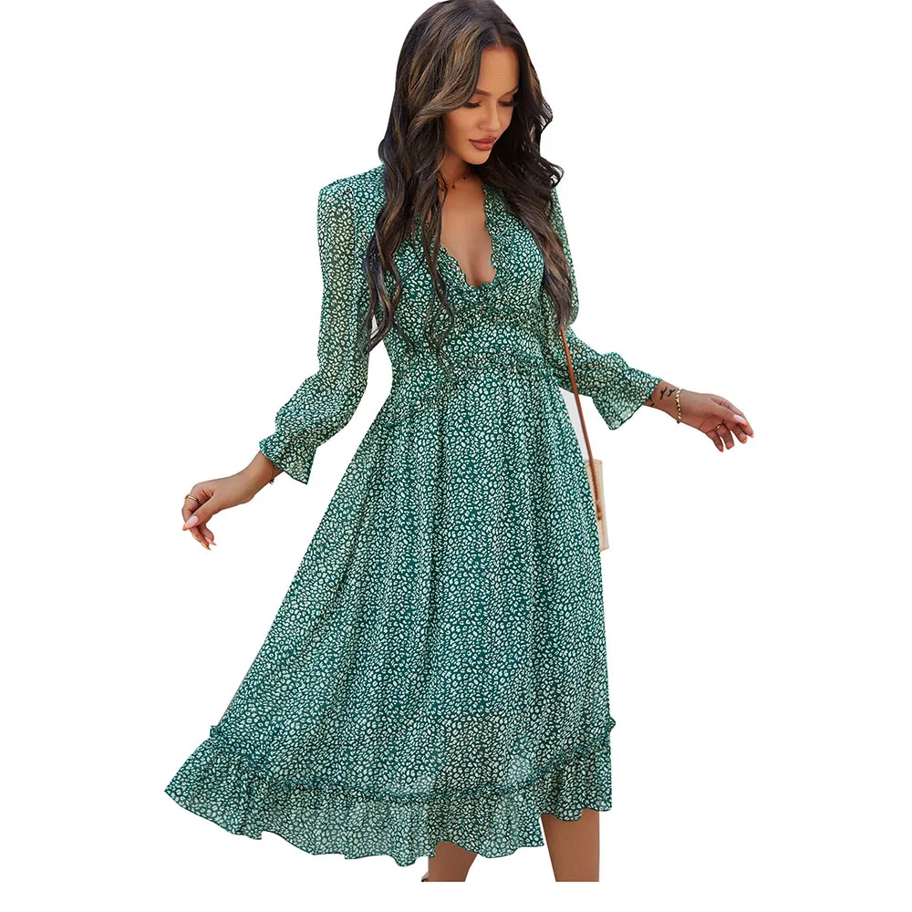 

Summer Spring Woman Dress V-neck Floral Printed Elegant Dresses For Women Boho Chiffon Clothing Pink 2021 New Style