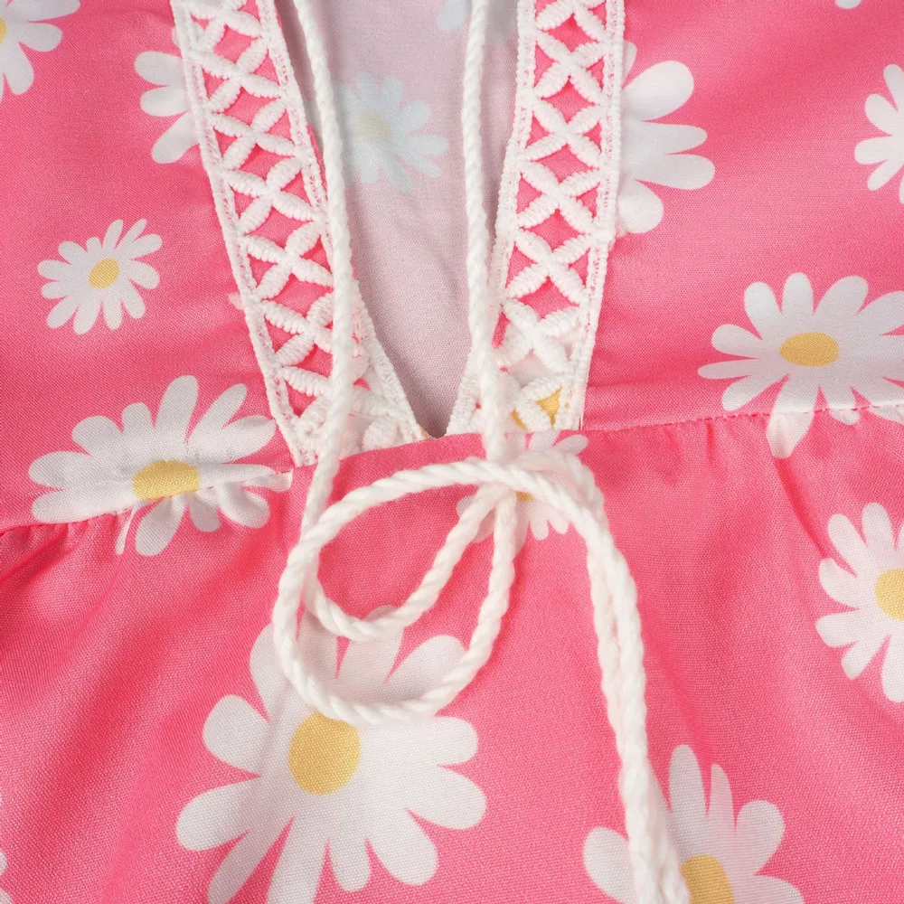 

2021 Hot Sale V Neck Daisy Print Flare Sleeve Tassel Women Dress Summer Sweet Style High Waist Sunflower Print Loose Dress