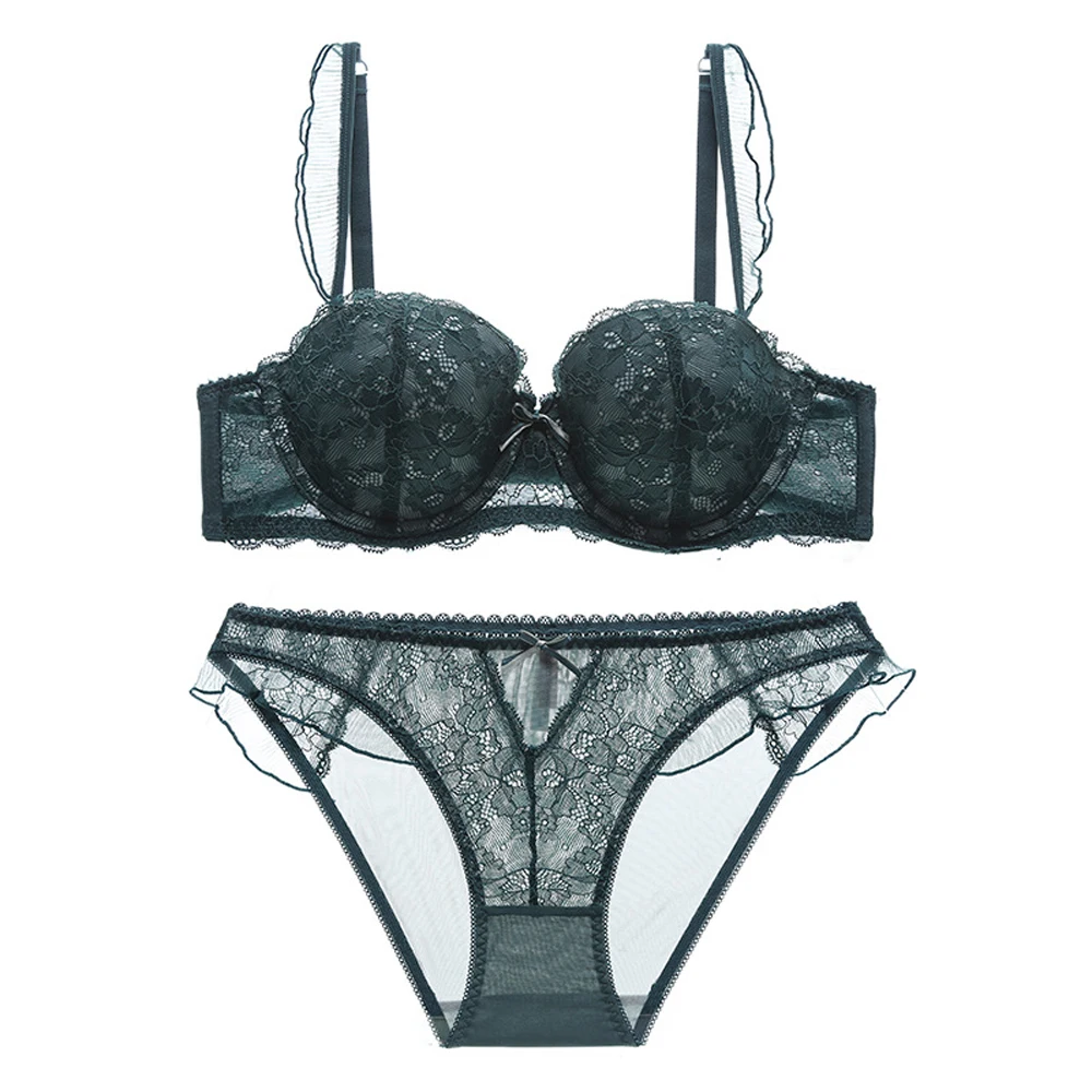 

NHKDSASA Underwear Women Sexy Lace Bra And Panties Set 2021 Female Underwire Push Up Erotic Lingerie Transparent Sets 80B 85C