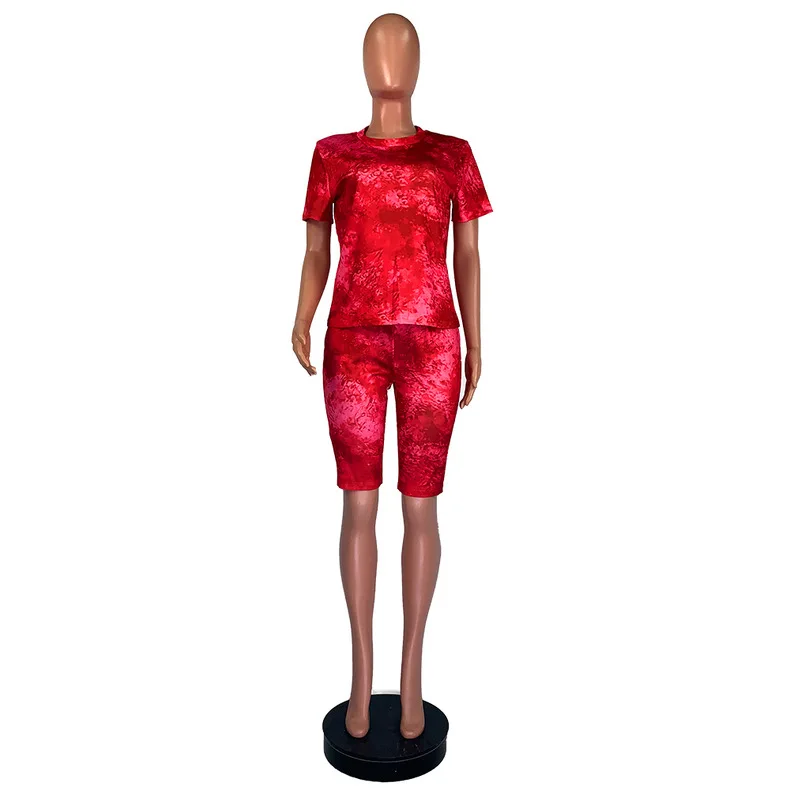 

hirigin Women Tie Dye Short Sleeve Top+ High Waist Biker Shorts Female Two Piece Set Summer Sexy Print Clothing Club Outfit