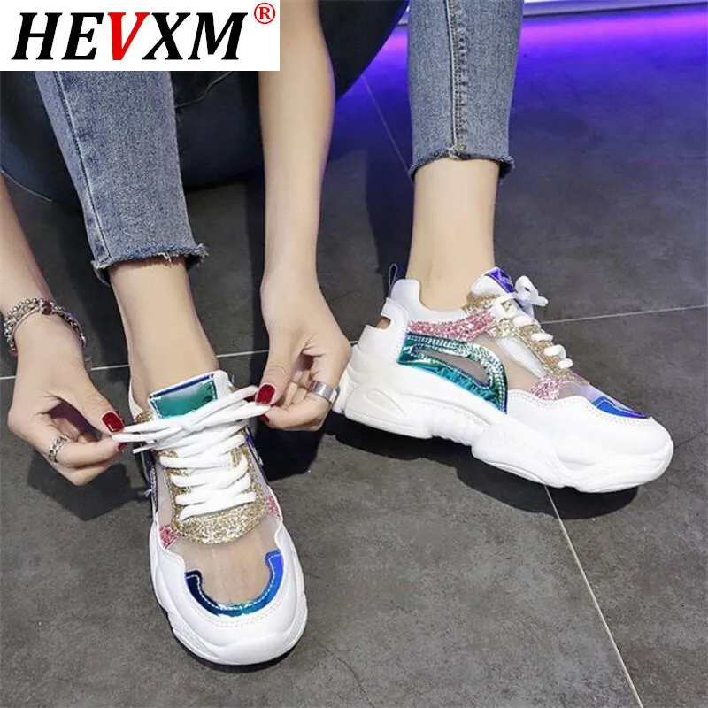

2021 New Women Shoes Spring Sneakers Women Fashion Bling Platform Shoes Ladies Footwear Breathable Mesh Sneakers T895