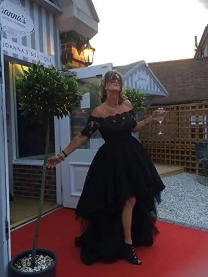 Fashion Boat-Neck High-Low Prom Dresses Vestidos de festa Half Sleeves Lace Design Special Occasion Celebrity Party Gown | Свадьбы и