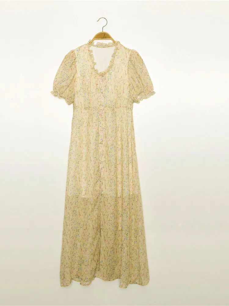 

New Women Summer Yellow Ruffled Floral Print Long Dress Female Fashion England Style Vestidos Ladies Brand Casual Dresses ZM302